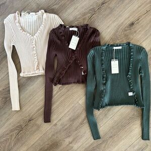 Active USA Women's Junior Fit Ribbed Cardigans - Cream, Brown, Green